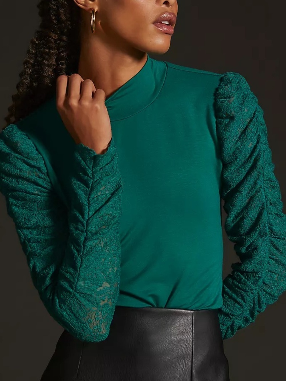 Maeve Teal Mock Neck Long-Sleeve Top with Lace Puff Sleeves